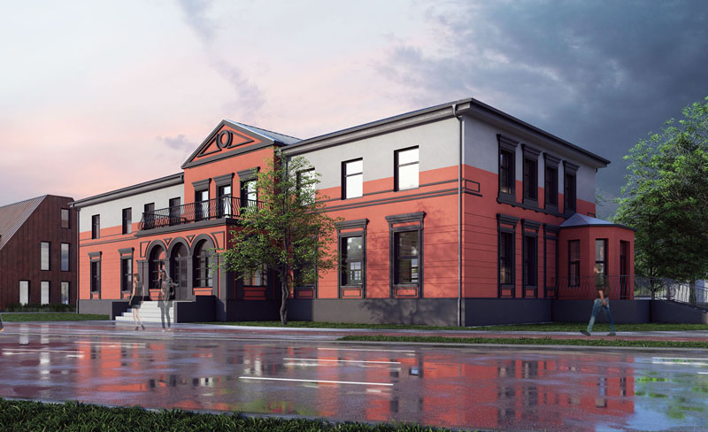 PERSPEKTYVA. Taip turėtų atrodyti restauruoti pagrindiniai Sendvario rūmai. Rusva spalva specialiai išryškinta autentiškoji fasado dalis, o balta - jau sovietmečio statyba. UAB „Uostamiesčio projektas“ vizualizacija