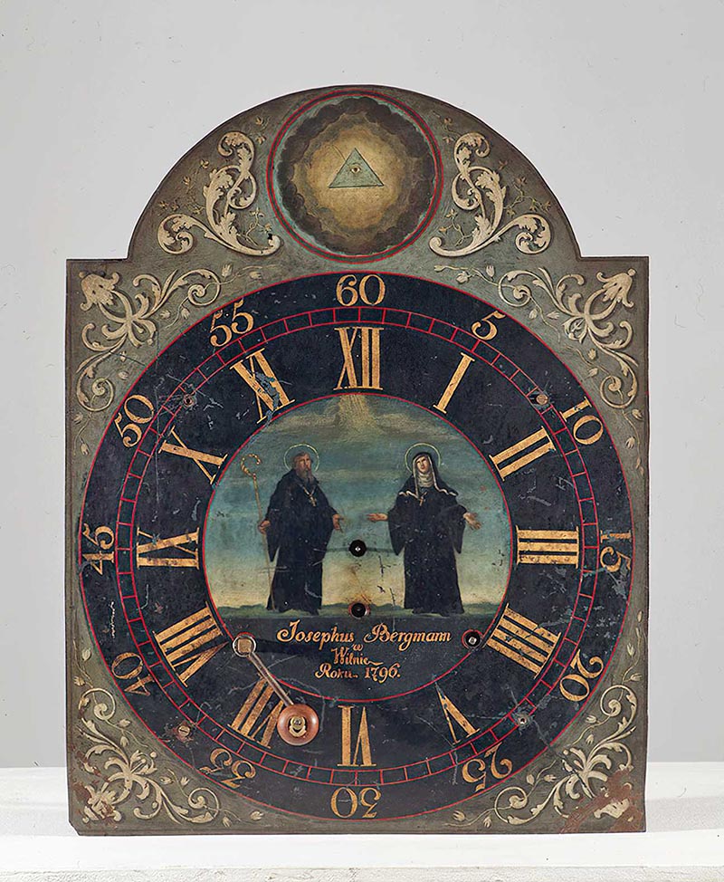 Sieninis laikrodis didelei menei, pagamintas 1785 laikrodininkų cecho seniūno Juozapo Bergmano. 