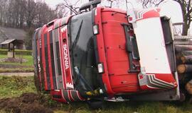 Klaipėdos rajone apvirto medieną vežęs sunkvežimis